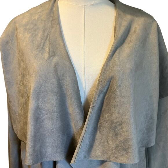 C. Luce Faux Suede Jacket Coat LG Gray Slouchy Shawl Collar Drapery Uneven Hem - Picture 3 of 13